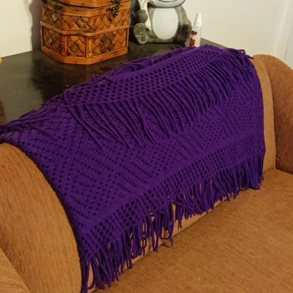 Purple Knit Shawl blanket love seat throw handmade crochet multi cover up Afghan